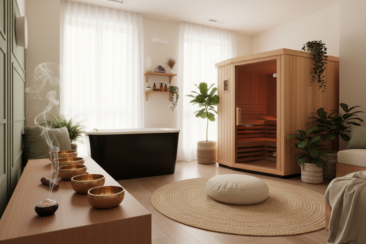 create a wellness space within a home with clean and inviting earthy tones like cream and sage. this space should reflect holistic healing for the body and mind; sound bowls, incense, cold plunge or sauna, rituals people can do at home to realign themselves 